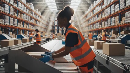 Warehouse worker efficiently scans packages on conveyor belt, showcasing teamwork and productivity in a busy logistics environment, camera pans across scene - Powered by Adobe