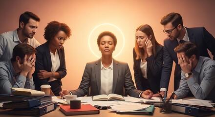 Businesswoman meditating in office surrounded by stressed colleagues, finding inner peace and balance amidst chaos, promoting mindfulness and wellbeing at work