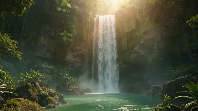 Illuminated waterfall spills into deep emerald lagoon amid mosscovered