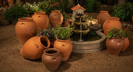 Display of terra-cotta pots and a small tiered fountain with surrounding greenery
