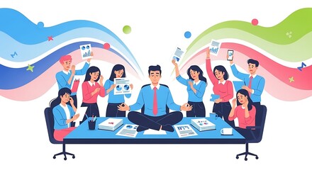 Businessman meditating in office, surrounded by stressed colleagues with paperwork, symbolizing stress management, mindfulness and worklife balance