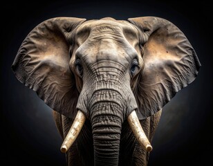 Fototapeta premium Majestic elephant portrait, focused on eyes & tusks. Dramatic lighting, dark background