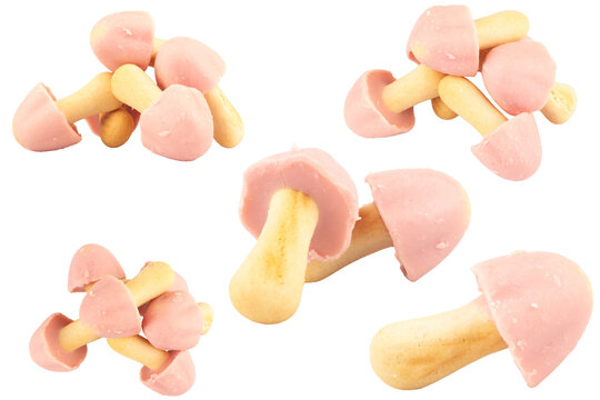Pink chocolate mushroom cookies on white background