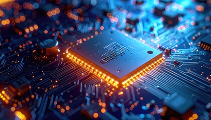 Glowing microprocessor on a futuristic blue circuit board with data pathways