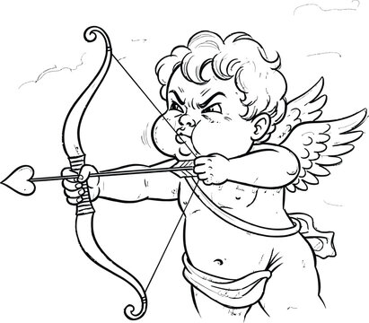 Angry cartoon cupid aiming his heart tipped arrow with a determined facial expression