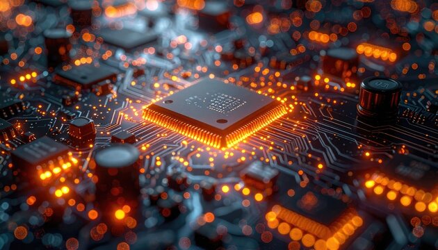A glowing CPU on a complex, illuminated circuit board with data pathways