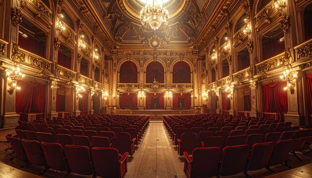 Grand, empty vintage theater with red seats and ornate golden architecture