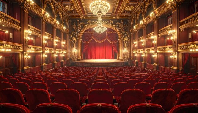 Ornate, empty theater with red velvet seats, a grand stage, and gold balconies