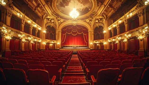 An empty, grand theater with red velvet seats, ornate gold balconies, and a stage