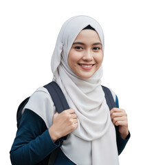 Young muslim woman wearing a hijab and backpack isolated on transparent background