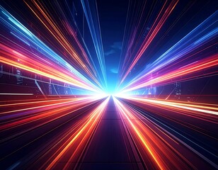 Dynamic perspective of colorful light trails converging towards a bright point, futuristic cityscape backdrop