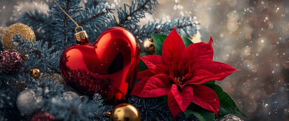 Luminous red heart ornament nestled among evergreen branches with poinsettia blooms and golden bokeh winter magic