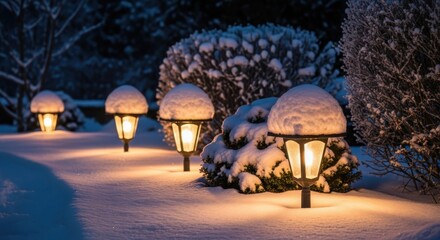 Snow-covered garden lights glowing on a winter evening