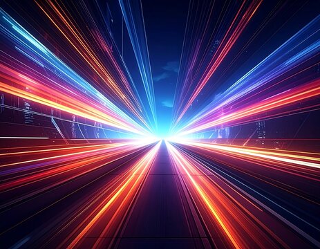 Dynamic perspective of colorful light trails converging towards a bright point, futuristic cityscape backdrop