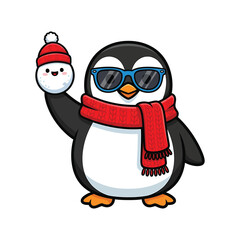 Cartoon penguin holding a snowball wearing sunglasses