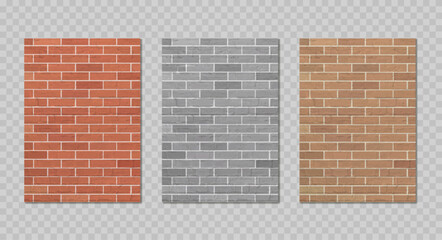 Realistic set of brick wall textures in red, gray and brown color. Block brick wall pattern background collection. Vector illustration