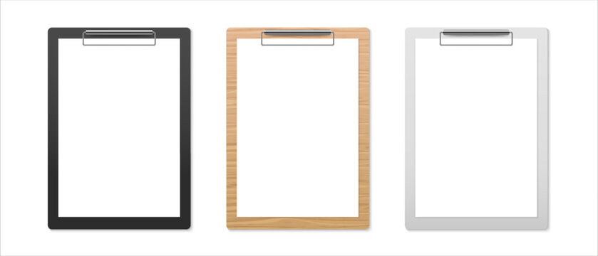 Realistic clipboard mockup set. Office folder. Notepad information board. Paper on black, wood and gray board with holder. Vector illustration