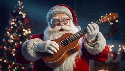 Obraz premium Jolly Santa Claus strumming ukulele with twinkling Christmas tree lights creating magical holiday atmosphere