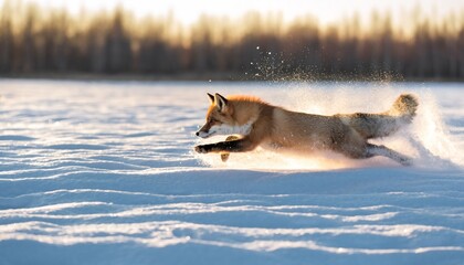 Fototapeta premium Wild Red Fox Bursting Through Pristine Snow During Dynamic Winter Hunt