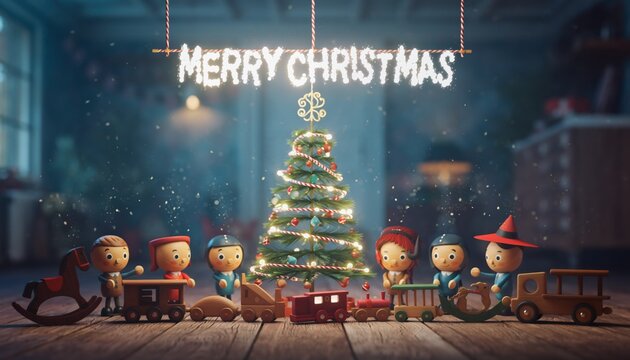 Wooden Toy Village Christmas Scene with Illuminated Tree and Vintage Character Figurines