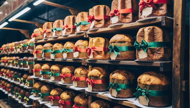 Artisanal panettone collection wrapped with festive ribbons displayed on rustic bakery shelves during Christmas season
