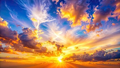A vibrant sunset with dramatic clouds and golden sunbeams across a blue sky
