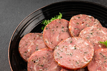 Sausage with garlic and spices slices of salami meat tasty snack fresh gourmet food background on the table rustic food top view copy space