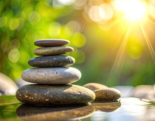 Stack of balanced zen stones in water with a sunlit, blurred green background