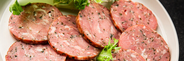 Sausage with garlic and spices slices of salami meat tasty snack fresh gourmet food background on the table rustic food top view copy space