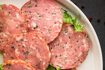 Sausage with garlic and spices slices of salami meat tasty snack fresh gourmet food background on the table rustic food top view copy space