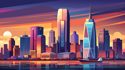 Naklejka premium Very beautiful aerial panorama of Jersey City skyline at sunset, featuring glowing skyscrapers, reflective waterfront, and a warm, colorful sky creating a serene urban atmosphere.