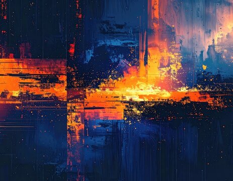Glowing orange and deep blue abstract art with glitch and particle effects