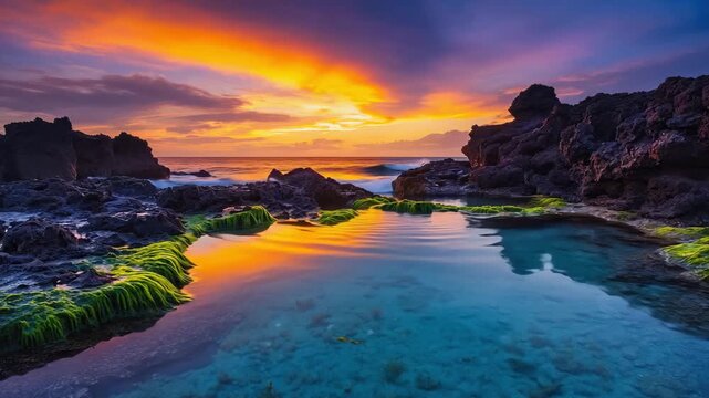 Vibrant Coastal Tide Pool at Sunset. Bright green moss and turquoise water reflecting a dramatic orange sky