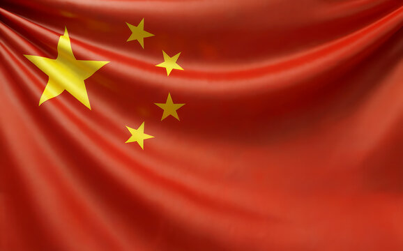 A photograph of the Chinese national flag displayed as a dramatic backdrop, with its bright red field filling the frame. The golden five-pointed stars are positioned in the upper left corner, with the