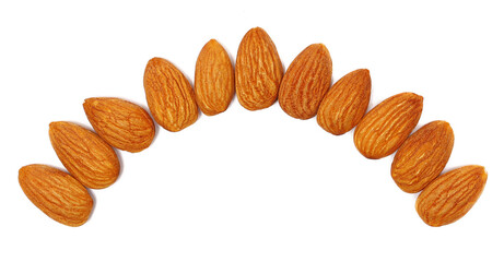 Almond nuts isolated on white background, top view
