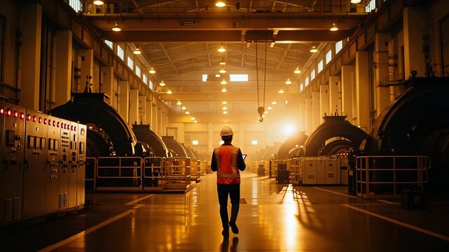 Facility manager strides along glowing manufacturing pathway