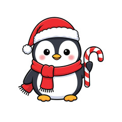 Cute penguin wearing santa hat and scarf