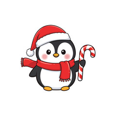 Cute penguin wearing santa hat and scarf