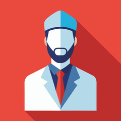Flat design icon of a bearded doctor wearing a surgical cap and lab coat