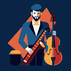 Stylized musician with saxophone and cello in geometric design