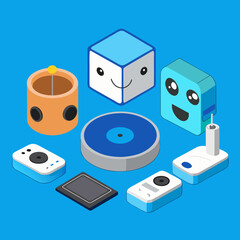 Cute isometric gadgets and characters on a vibrant blue background