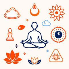 Meditating figure surrounded by spiritual and nature symbols in orange and blue