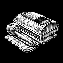 Vintage cash register with apple and pen on a black background