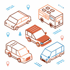 Isometric collection of various vehicles including cars vans and rvs