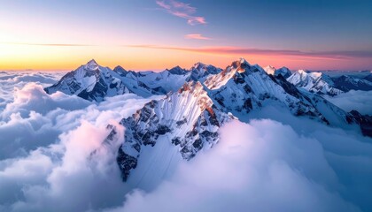 Majestic snow-capped peaks tower above clouds at a colorful dawn