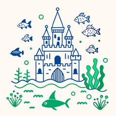 Whimsical underwater castle scene with fish and seaweed illustration