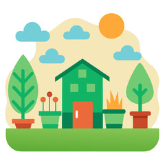 Charming green house surrounded by lush plants and sunny skies