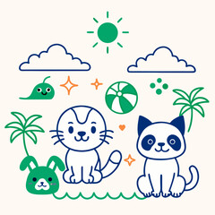 Cute cartoon animals enjoying a sunny day at the beach with palm trees