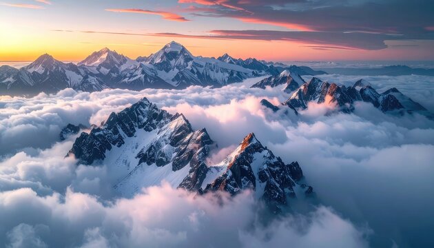Snowy mountain peaks emerge from clouds during a breathtaking golden hour - Powered by Adobe