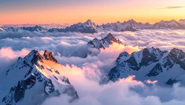 Majestic snowy mountain peaks rising above a sea of clouds at a vibrant sunrise